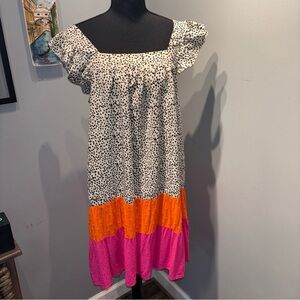 Leopard Colorblock Tiered‎ Midi Dress SzM Flutter Sleeves Boho Peasant c